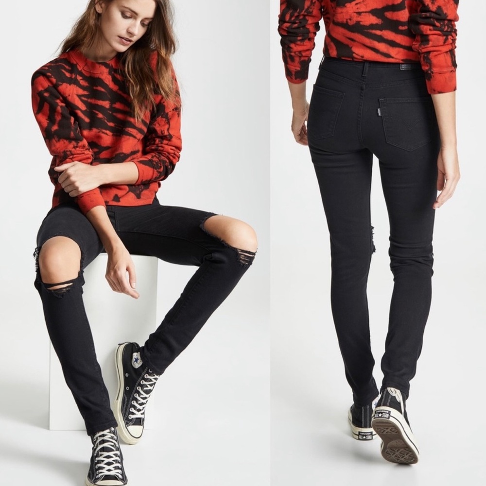 Free People Levi’s PREMIUM 721 High Rise Ripped Knee Black Skinny Jean Size 25